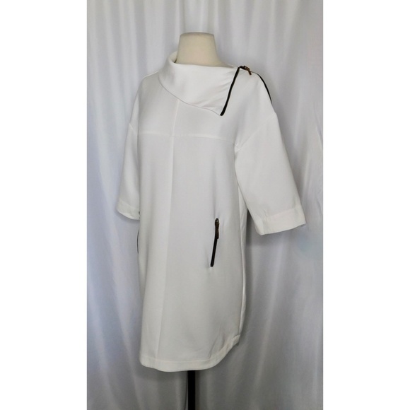 ZARA Basics White Shift Dress Zippered Neckline Solid Modern Chic Small - Picture 4 of 9